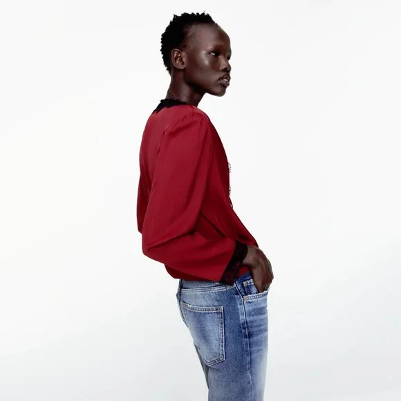 Zara burgundy & black lace-like accent blouse top - Picture 3 of 12